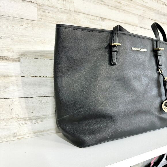 Michael Kors Women Large Extra Slim Black Jet Setter Pebbled Leather Tote Bag - Picture 4 of 7